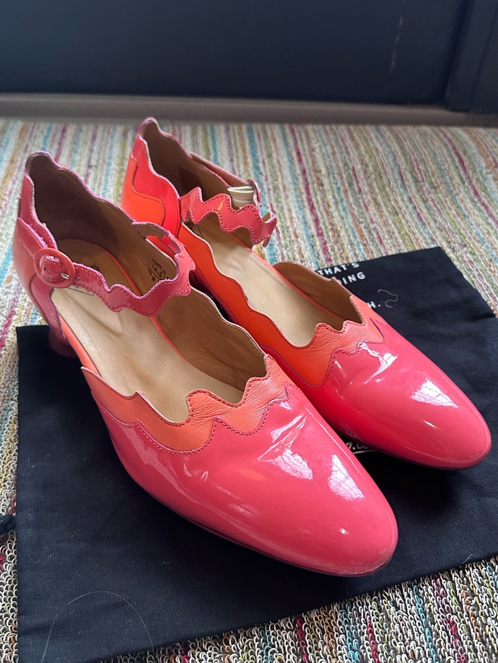 Fluevog EXCELLENT Fairway Trivialis pink/orange wavy low-heel buckle MJ  -10.5